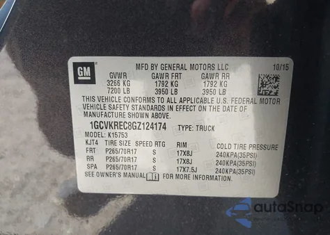 2016 Chevrolet Silverado 1500 1Lt из США, поврежденный, VIN 1GCVKREC8GZ124174